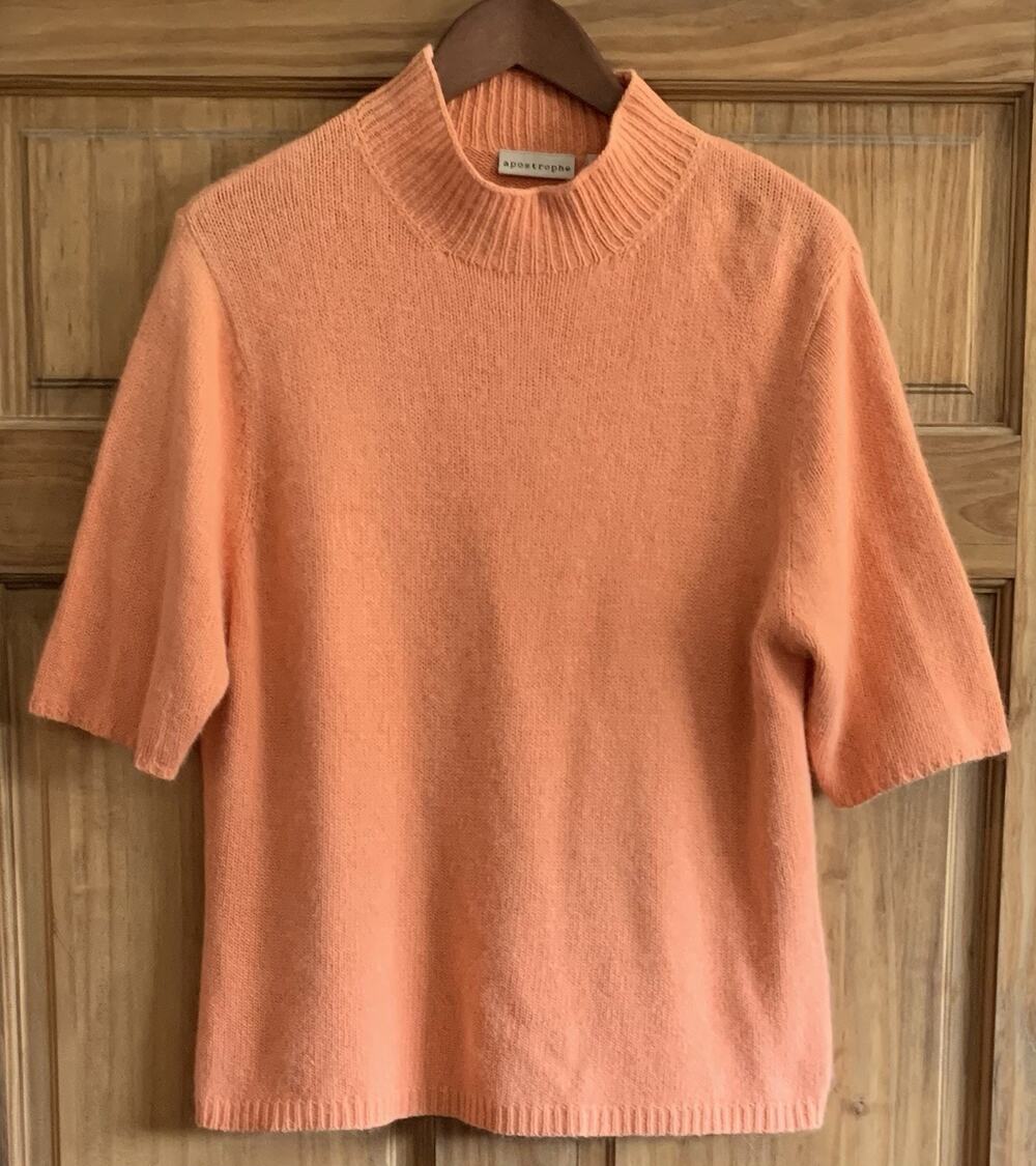 VTG Apostrophe Y2K Silk Angora Knit Sweater XL Peach Short Sleeve Mock Neck